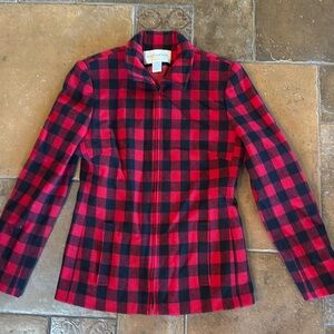 Jones of New York Buffalo Plaid Wool Blend Zip Up Jacket Size 2P 2 Red Black